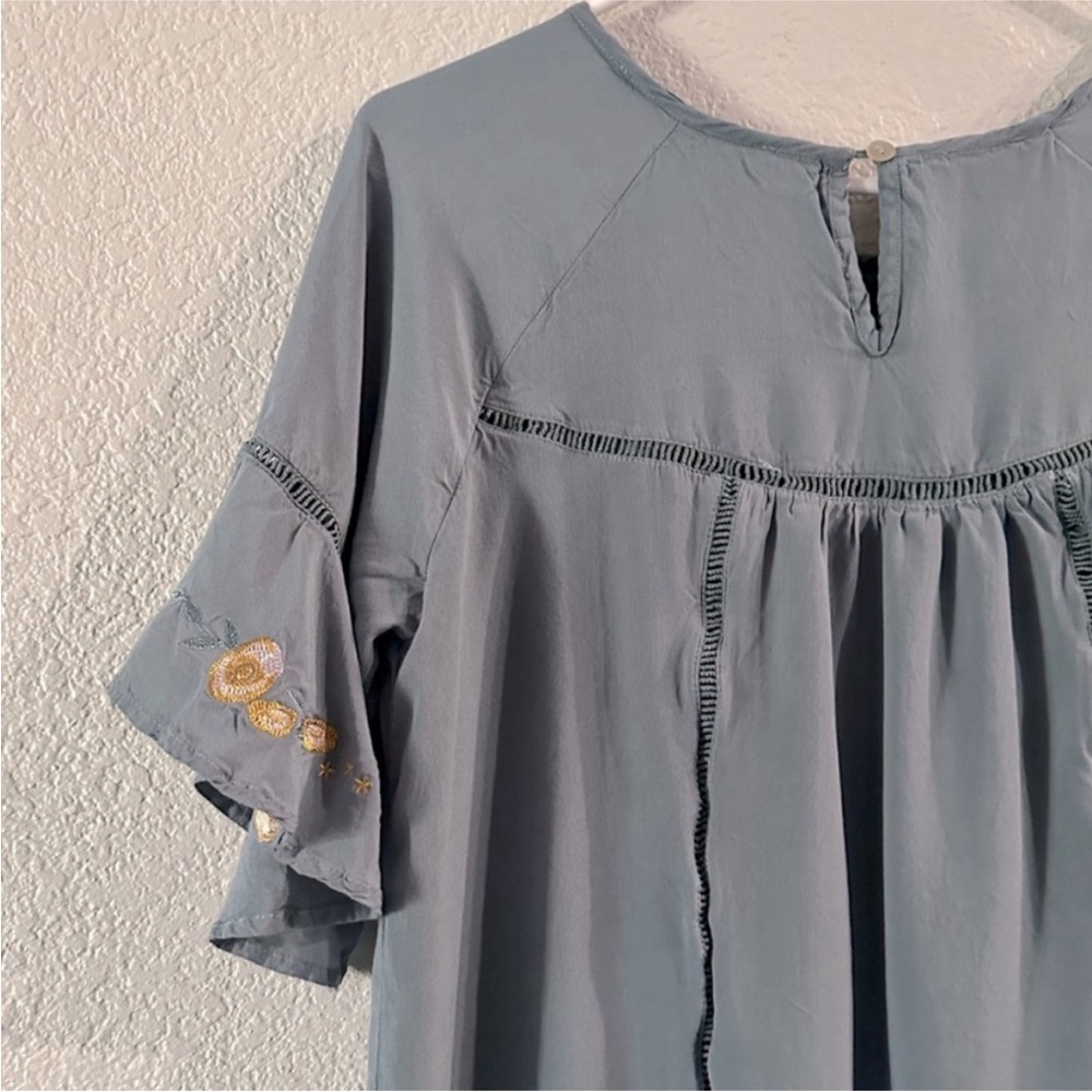 Blue Rain Dusty Blue & Yellow Embroidered Ruffle Mini Dress Size Medium - Picture 10 of 14